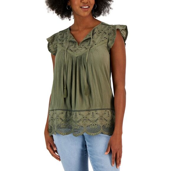Women's Mixed-Media Lace-Trimmed Top - Picture 1 of 1